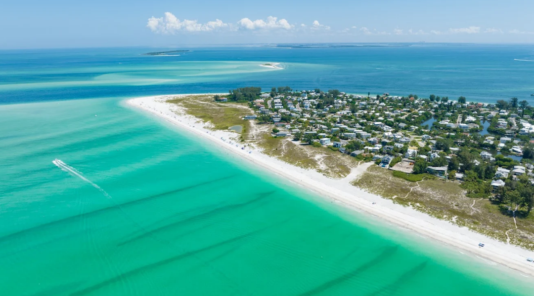 Aerial view of Anna Maria Island and turquoise Gulf water