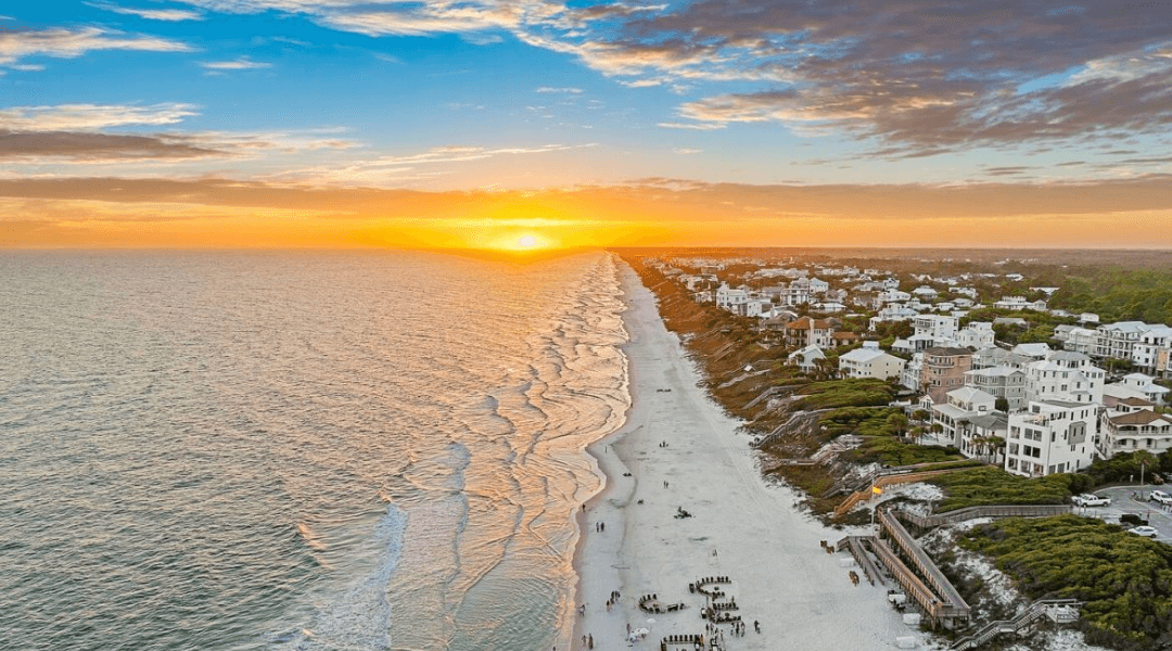 Aerial view of a Central Florida Gulf Coast beach at sunset