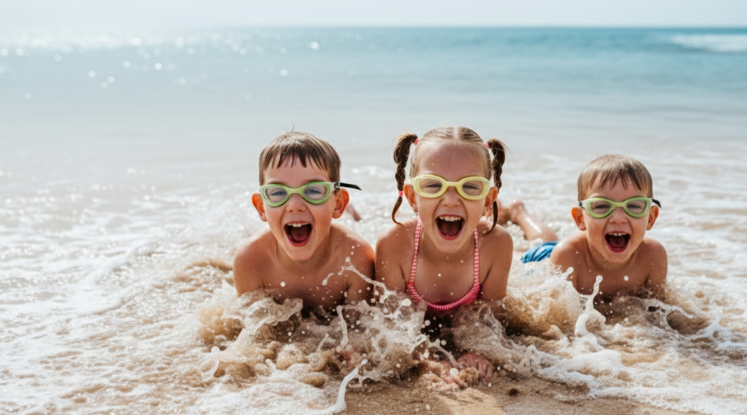 Children playing in the surf during a family beach day