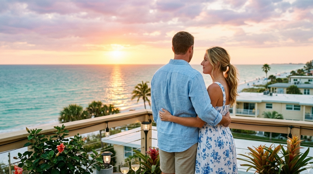 Couple watching the Gulf sunset from a balcony in Indian Shores