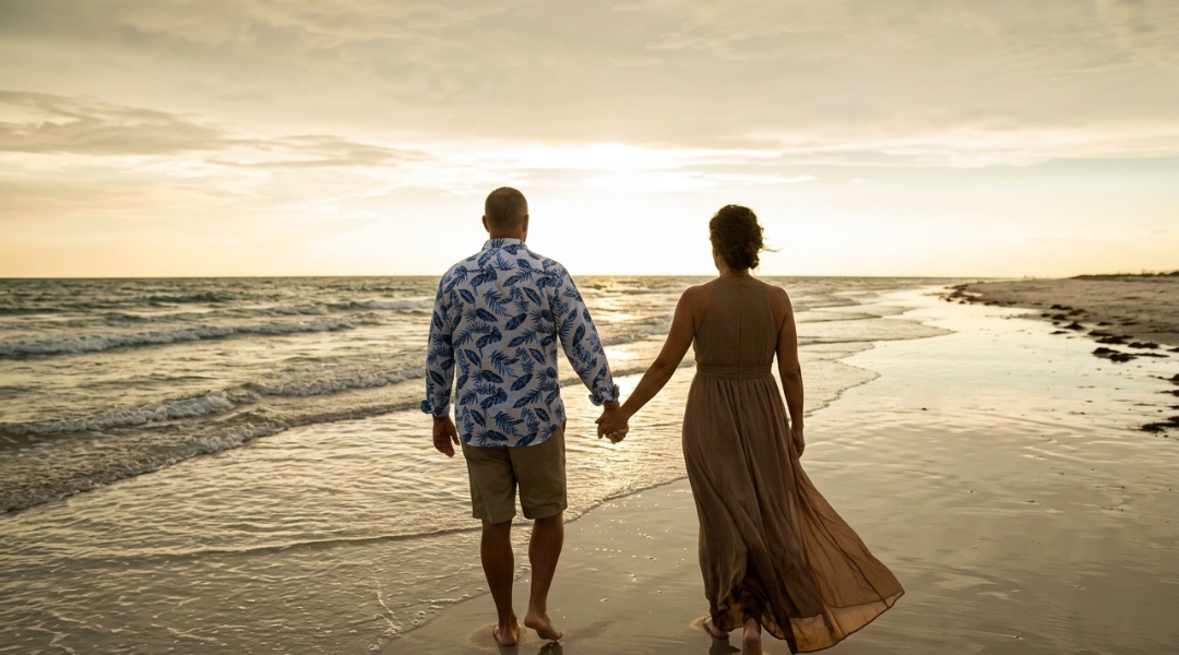 Couple walking hand in hand at sunset on Indian Shores Beach