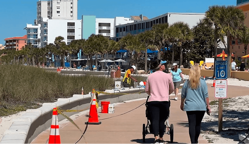 Boardwalk and beachfront buildings in mid island Treasure Island Florida