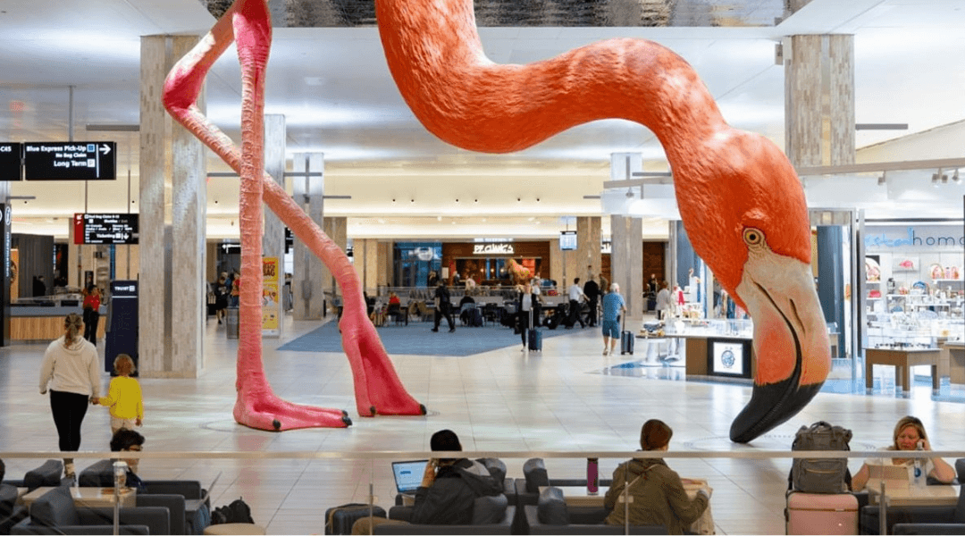 Interior scene near the airport flamingo installation used as a travel transition image